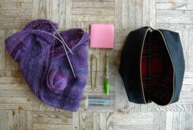 The contents of my current project bag. I'm making a Henslowe from my own handspun yarn.